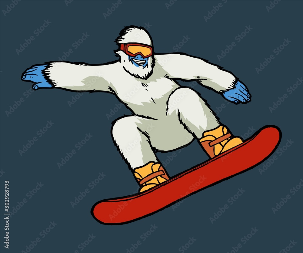 Bigfoot snowboarding. Yeti riding snowboard. Winter sports vector character illustration.