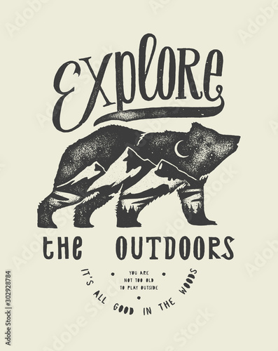 Hiking t-shirt print with grizzly bear and mountains - explore the outdoors