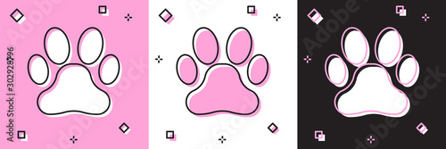 Set Paw print icon isolated on pink and white, black background. Dog or cat paw print. Animal track. Vector Illustration