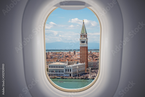 View from airplane window on Venice city in Italy.