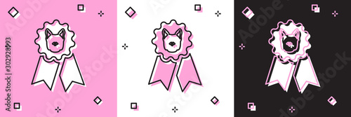 Set Dog award symbol icon isolated on pink and white, black background. Medal with dog footprint as pets exhibition winner concept. Vector Illustration