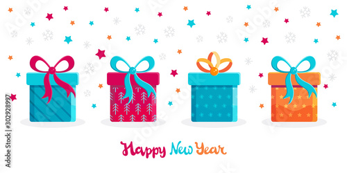 Christmas card or banner of different gift boxes in flat vector. A festive collection of objects for Birthday, Christmas, New Year. Set vector icon gift, present box with bow. Cartoon