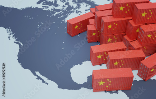 Chinese cargo containers on map of USA. Import of chenese goods concept. 3D rendered illustration.