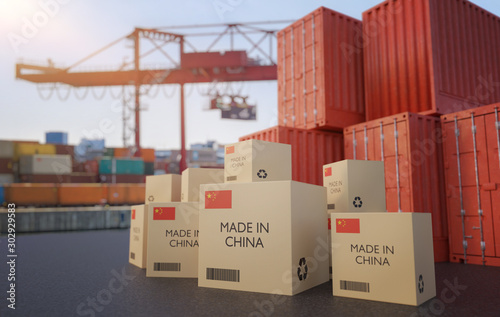 Many chinese cargo containers and cardboard boxes. Importing goods from China concept. 3D rendered illustration.