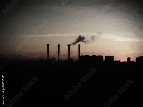 Dark and evil industrial chimneys illustration background