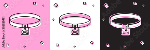 Set Dog collar with name tag and bone plaque icon isolated on pink and white, black background. Supplies for domestic animal. Cat and dog care. Pet dog chains. Vector Illustration