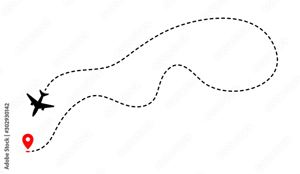 Airplane track to point with dashed line way on white background