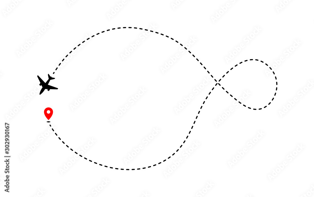 Airplane track to point with dashed line way on white background