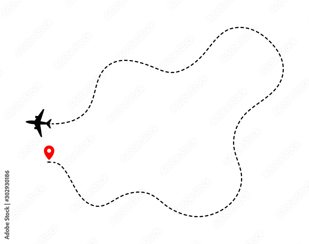 Airplane track to point with dashed line way on white background