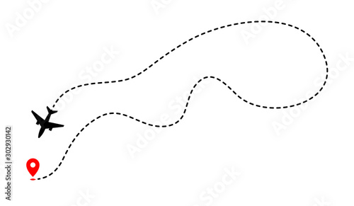 Obraz na płótnie Airplane track to point with dashed line way on white background w salonie