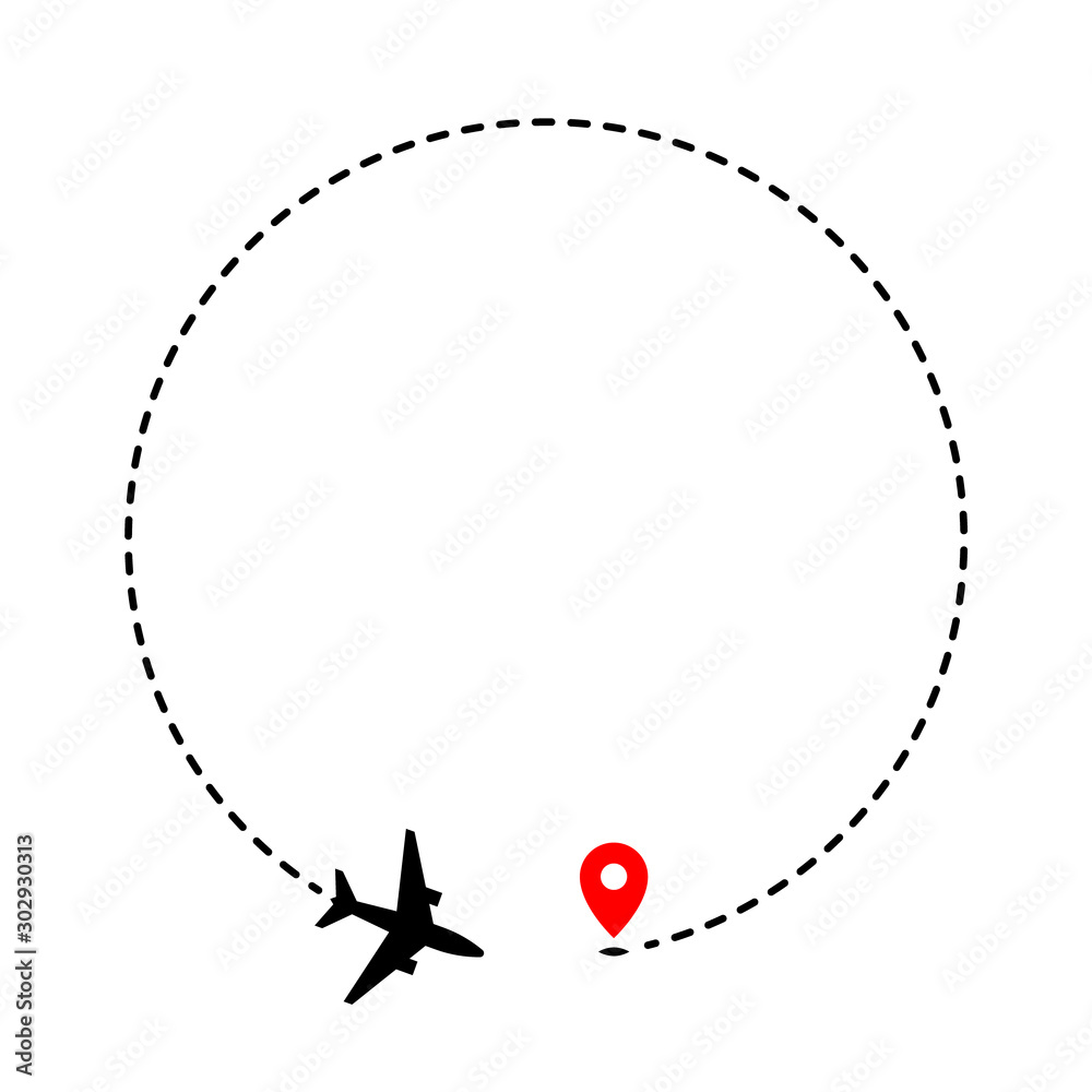 Airplane track to point with dashed line way on white background Airplane track to point with dashed line way on white background