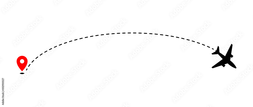 Airplane track to point with dashed line way on white background