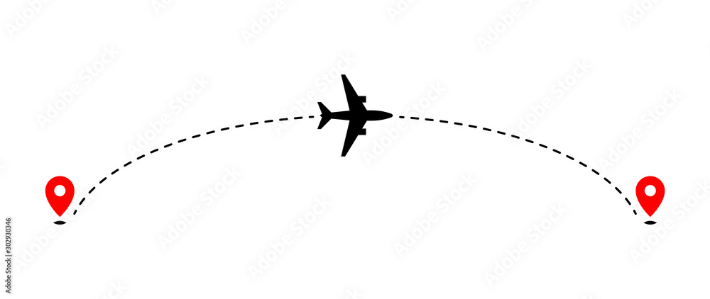 Airplane track to point with dashed line way on white background