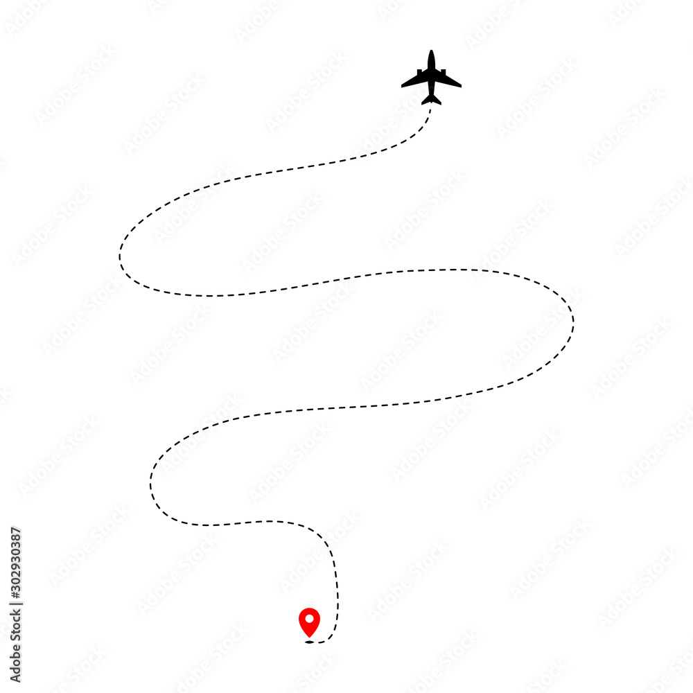 Airplane track to point with dashed line way on white background