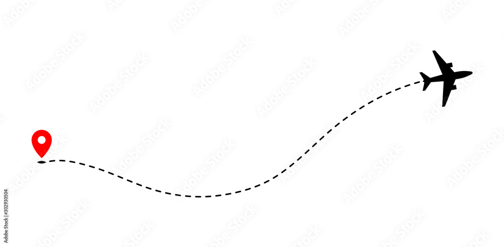 Airplane track to point with dashed line way on white background