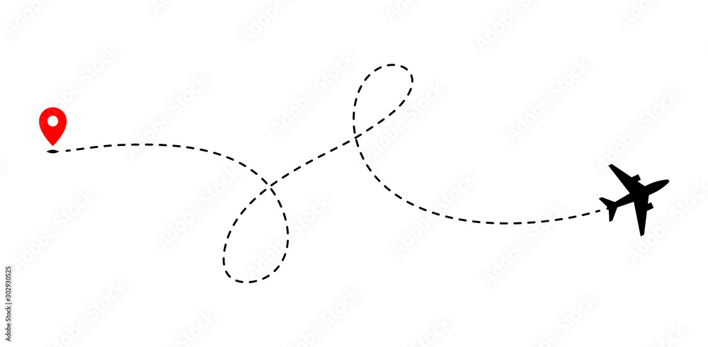 Airplane track to point with dashed line way on white background