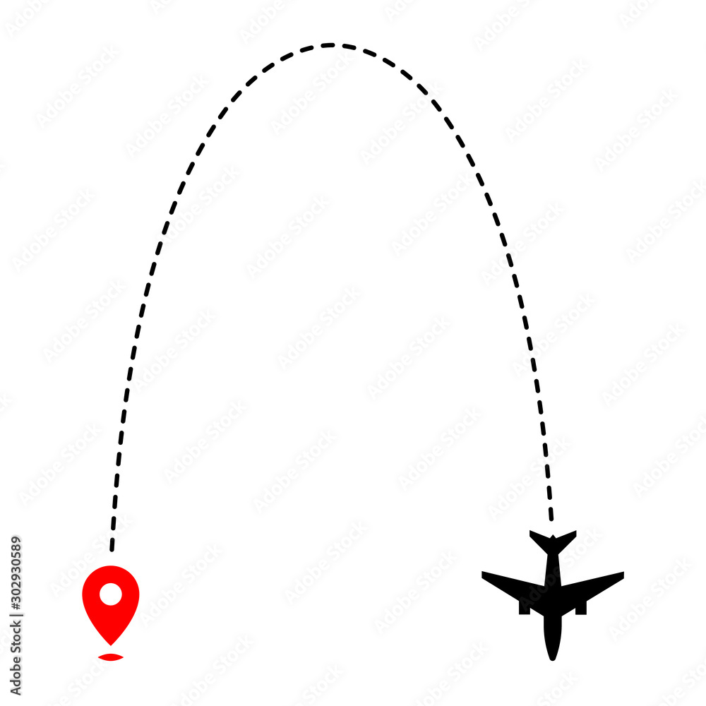 Airplane track to point with dashed line way on white background