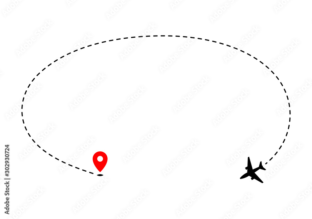 Airplane track to point with dashed line way on white background