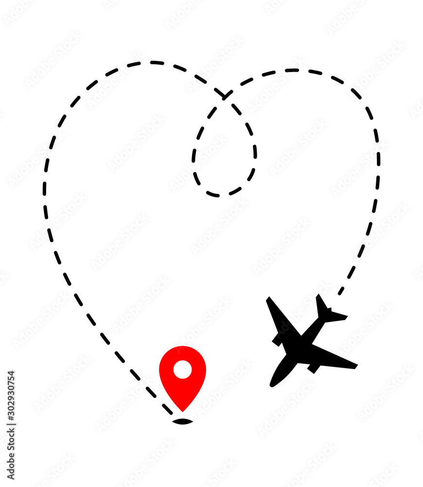 Airplane track to point with dashed line way on white background