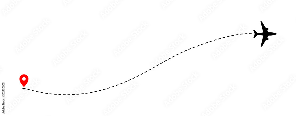 Airplane track to point with dashed line way on white background