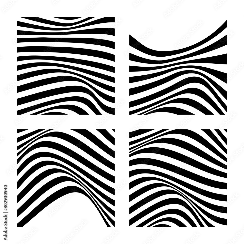 Set of 4 abstract backgrounds with wavy lines. Minimalist black and white abstract design. Vector Illustration. Set of 4 abstract backgrounds with wavy lines. Minimalist black and white abstract design. Vector Illustration.