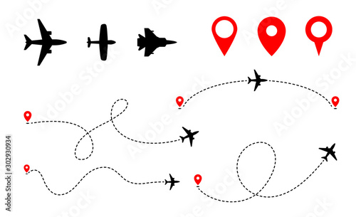 Obraz na płótnie Airplane track to point with dashed line way on white background w salonie