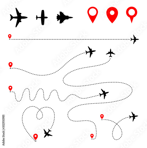 Obraz na płótnie Airplane track to point with dashed line way on white background w salonie
