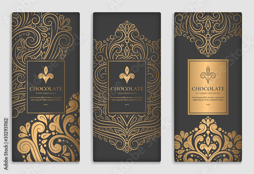 Black and gold luxury packaging design of chocolate bars. Vintage vector ornament template. elegant, classic elements. Can be used for background, wallpaper or any desired idea.