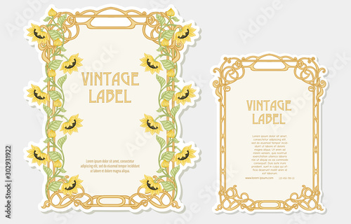 Sunflower. Set of 2 labels, decorative frames, borders. Good for product label with place for text Colored vector illustration. In art nouveau style, vintage, old, retro. Isolated on white background.