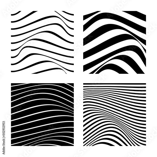 Set of 4 abstract backgrounds with wavy lines. Minimalist black and white abstract design. Vector Illustration.