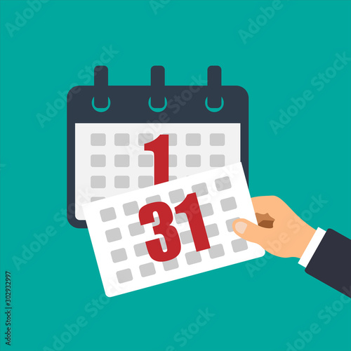 Hand tears the calendar page. Tear off calendar sheet. Off date and deadline concept. The last sheet of the calendar. New month and year. Vector illustration.