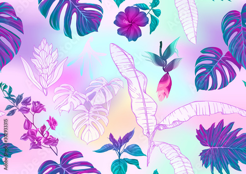 Tropical plants and flowers. Seamless pattern, background. Colored and outline design. Vector illustration in neon, fluorescent colors. On mash background..