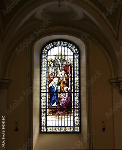 Stained glass window close up at Cathedral-Basilica of Notre-Dame de Quebec, Quebec city Canada