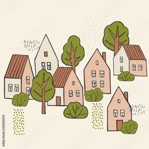 Hand drawn houses and trees. Vector sketch  illustration.