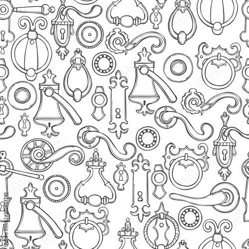 Hand drawn vintage door handles on white background.Vector  seamless pattern.