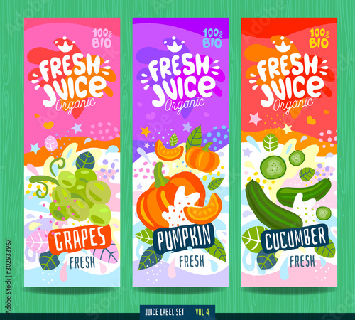 Abstract splash Food label template. Colorful brush stroke. Fruits, vegetables, drink package design. Grape, pumpkin, cucumber. Drawing vector illustration