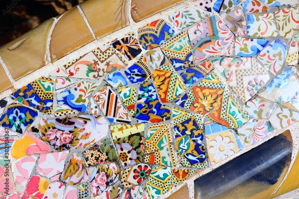 Mosaics by Gaudi in Park Guell in Barcelona, Spain.