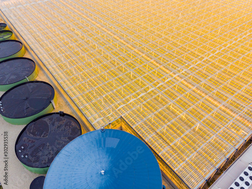 aerial view of a modern agricultural greenhouse