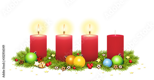 3. Advent,  Adventsgesteck, Advent Karte mit Kerzen, Tannenzweige, Sterne, Ilex Beeren, Lebkuchen, Glöckchen und Weihnachtskugeln, Vektor Illustration isoliert auf weißem Hintergrund
