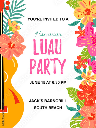 Guitar with jungle flowers, exotic leaves. Hawaiian Luau party invitation vector illustration. Hand drawn sketch style. Place for text. Template for vacation, poster, banner, flyer. Flat style design. photo