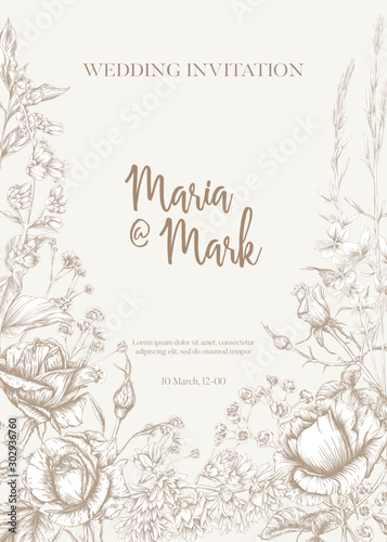Wedding invitation with roses and spring flowers. Graphic drawing, engraving style. Vector illustration. In vintage beige color.
