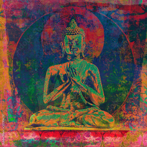 Ancient Buddha mandala with textured and grunge painted overlays for a modern contemporary style. 