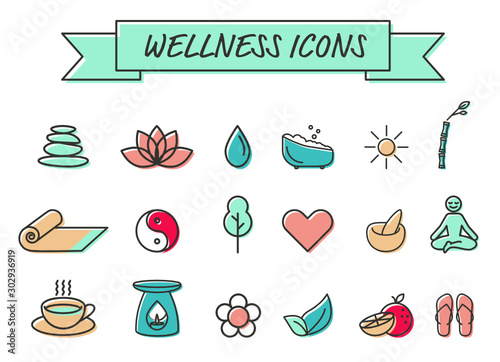 Collection of bright and colourful wellness and meditation icons