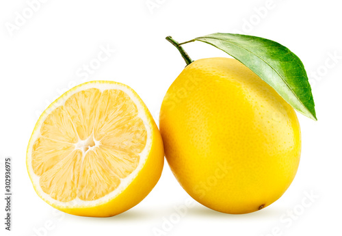 Ripe lemon with leaf and half on a white background. Isolated.