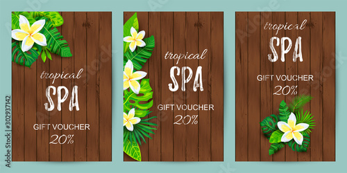 Tropical backdrop with exotic leaves, flower. Spa flyers set. Place for text. Great for party invitation, wedding, bridal shower, aroma, health care, cosmetics, touristic concept. Vector illustration