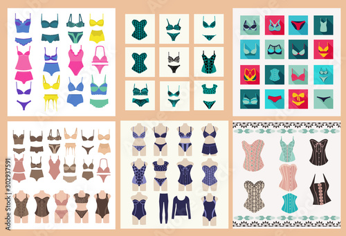Collection of lingerie Panty and bra set symbol.