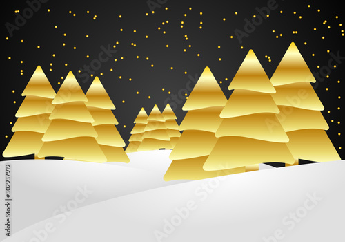 Paisaje nevado con árboles de navidad dorados.