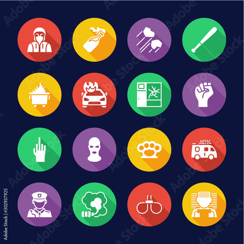 Riot or Public Disturbance Icons Flat Design Circle Set