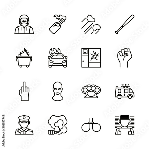 Riot or Public Disturbance Icons Thin Line Set