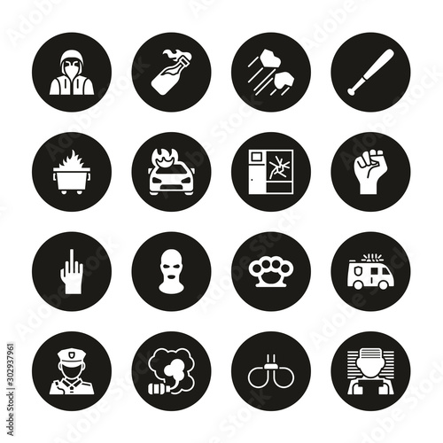 Riot or Public Disturbance Icons White on Black Circle Set